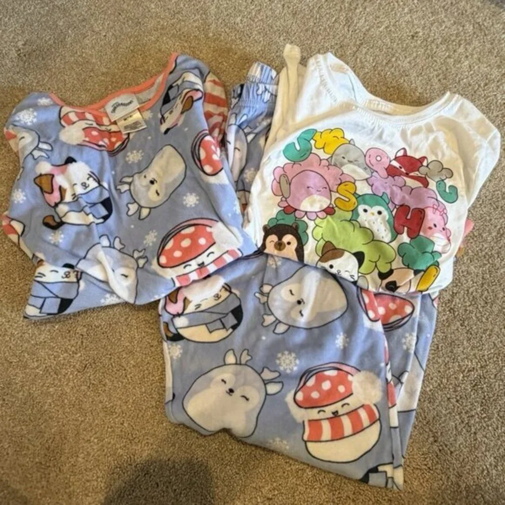 Squishmallows Girls Pajama Set and T Shirt Casual Blue White Logo Size 8 Knit